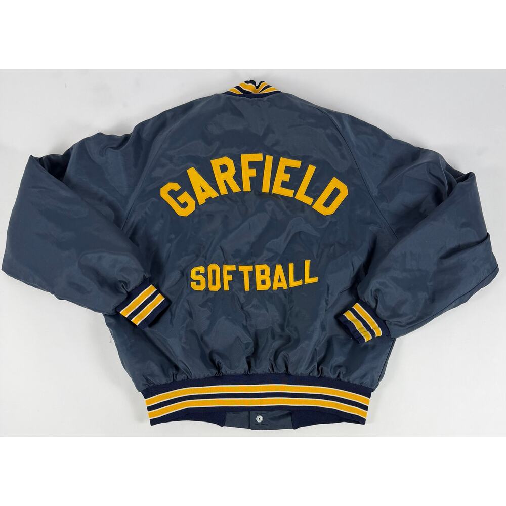 Vintage 90's‎ Men's Large Garfield Softball Stain Bomber Jacket Navy Blue
